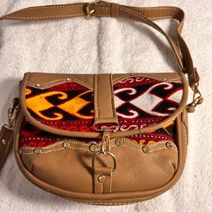 Beautiful! Unique handmade women’s leather, wool kilim, cloth shoulder bag.